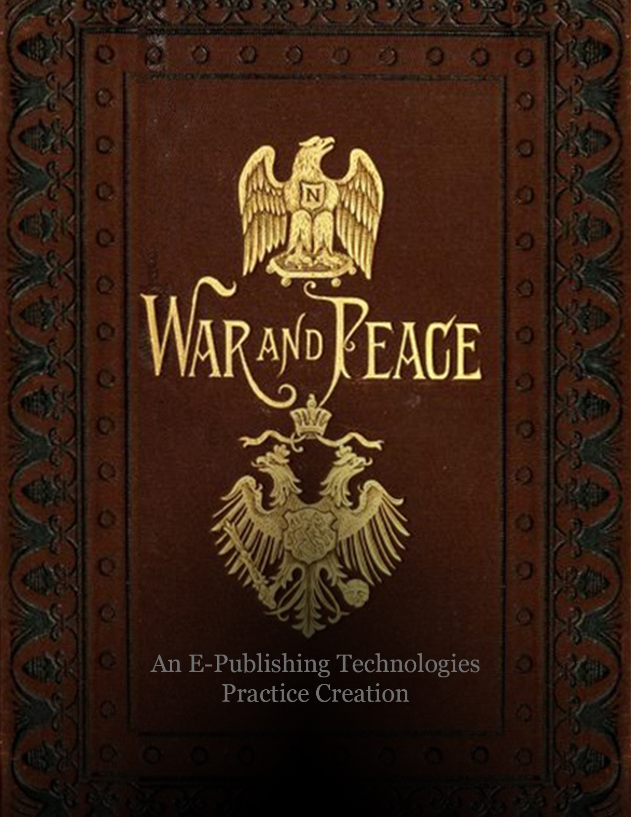 Classic War and Peace cover, red with gold lettering, with class name added near the bottom using light gray text in a dark hemispheric gradient.